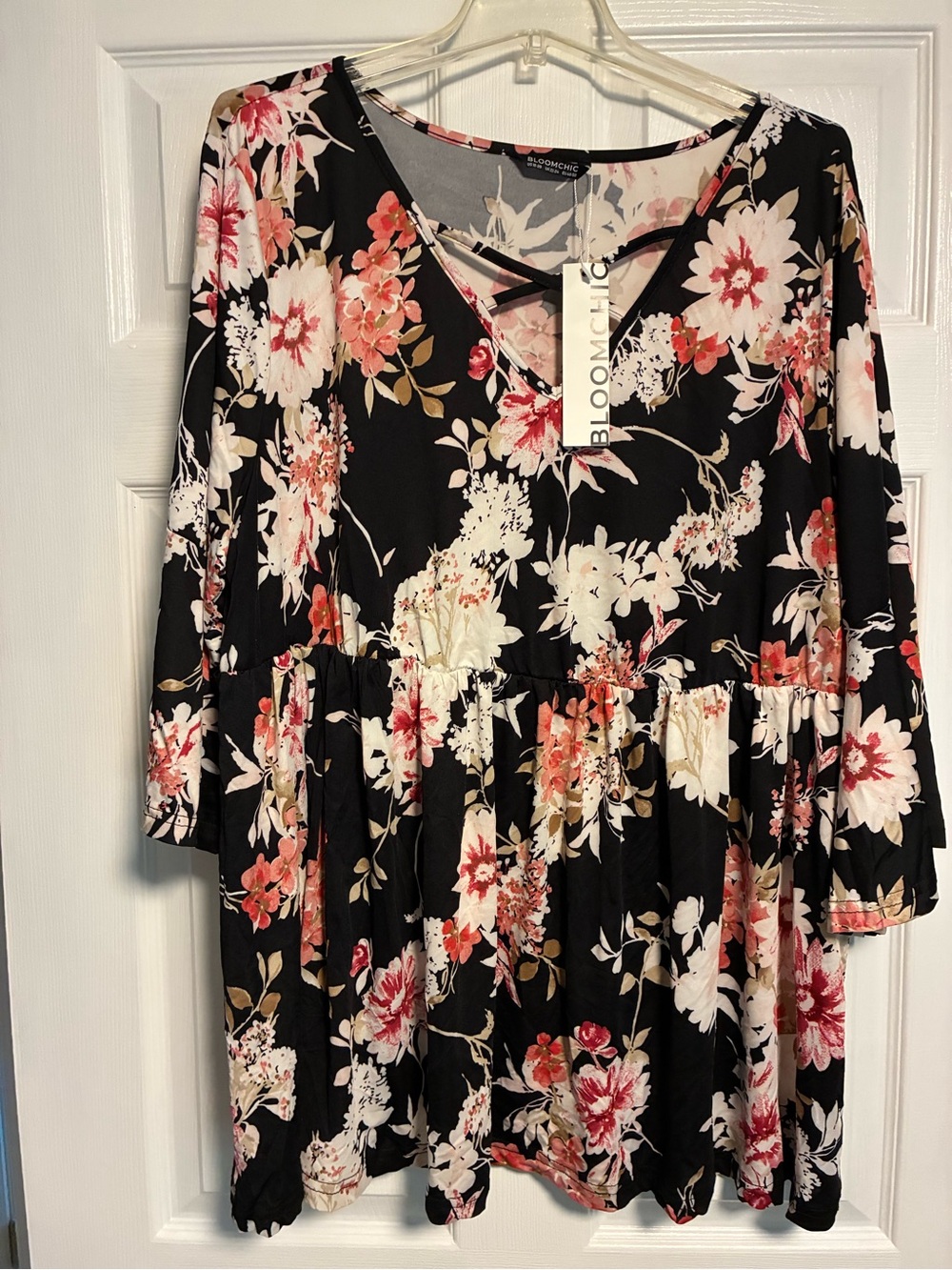 BloomChic Black Floral V-Neck Peplum Tunic with Pink and Cream Blooms